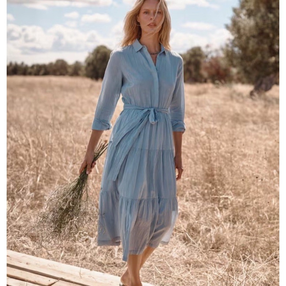 Garnett Hill Charlotte Organic Cotton Voile Shirt Dress Sz 12 Midi Blue‎ NWT